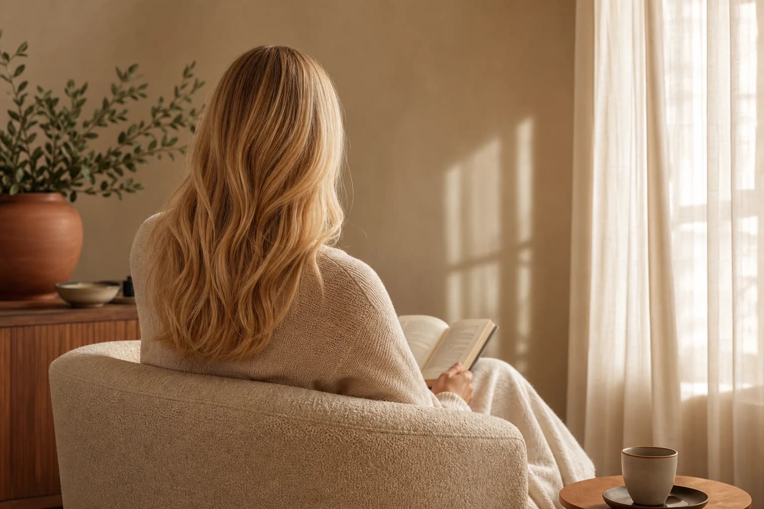 Anonymous woman seen from behind in warm window light